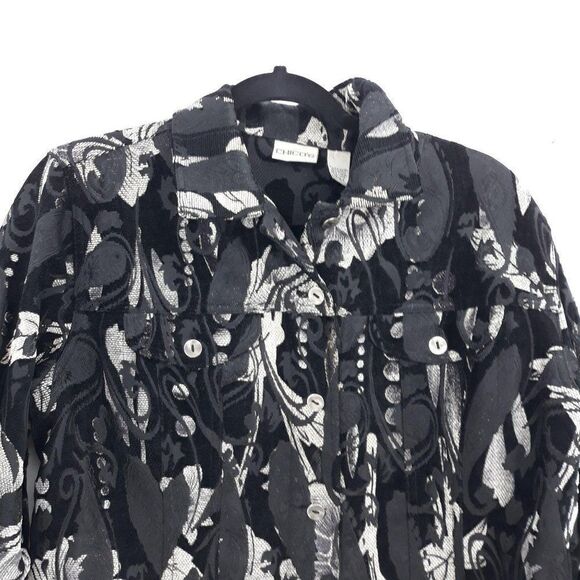 Vtg 80's‎ Chico's Blazer Jacket Shacket Jacquard Tapestry Abstract Black Size 2 - Picture 2 of 8